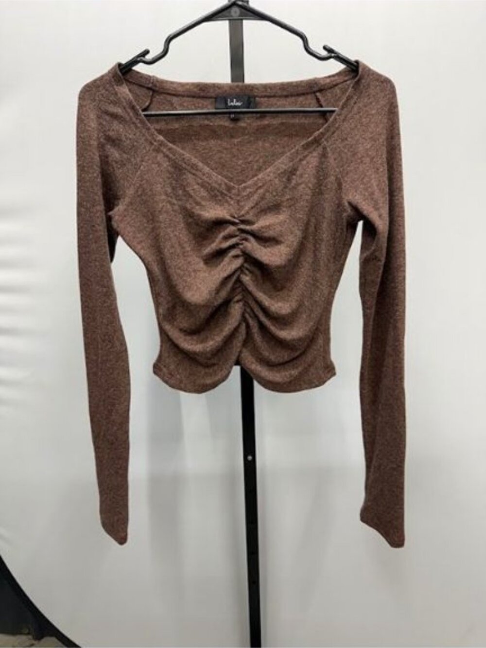 Lulu's Elidah Heathered Brown Knit Ruched Long Sleeve Crop Top